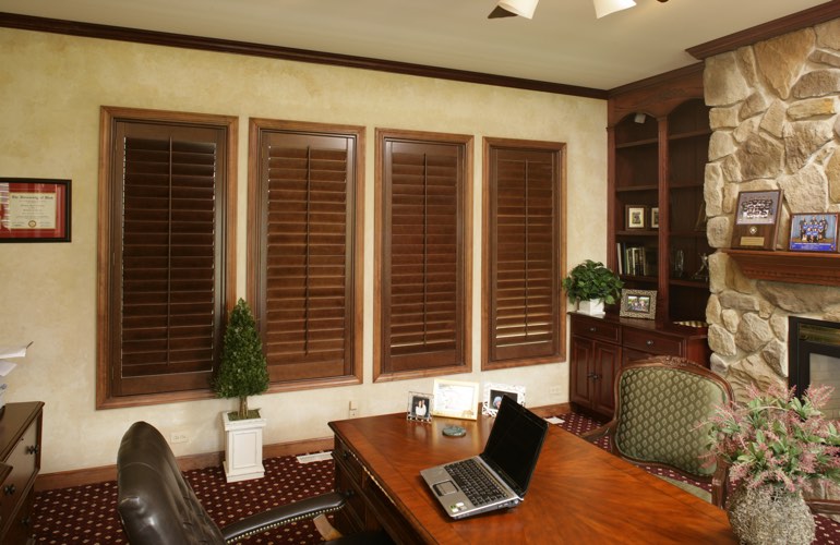 Hardwood plantation shutters in a Destin home office